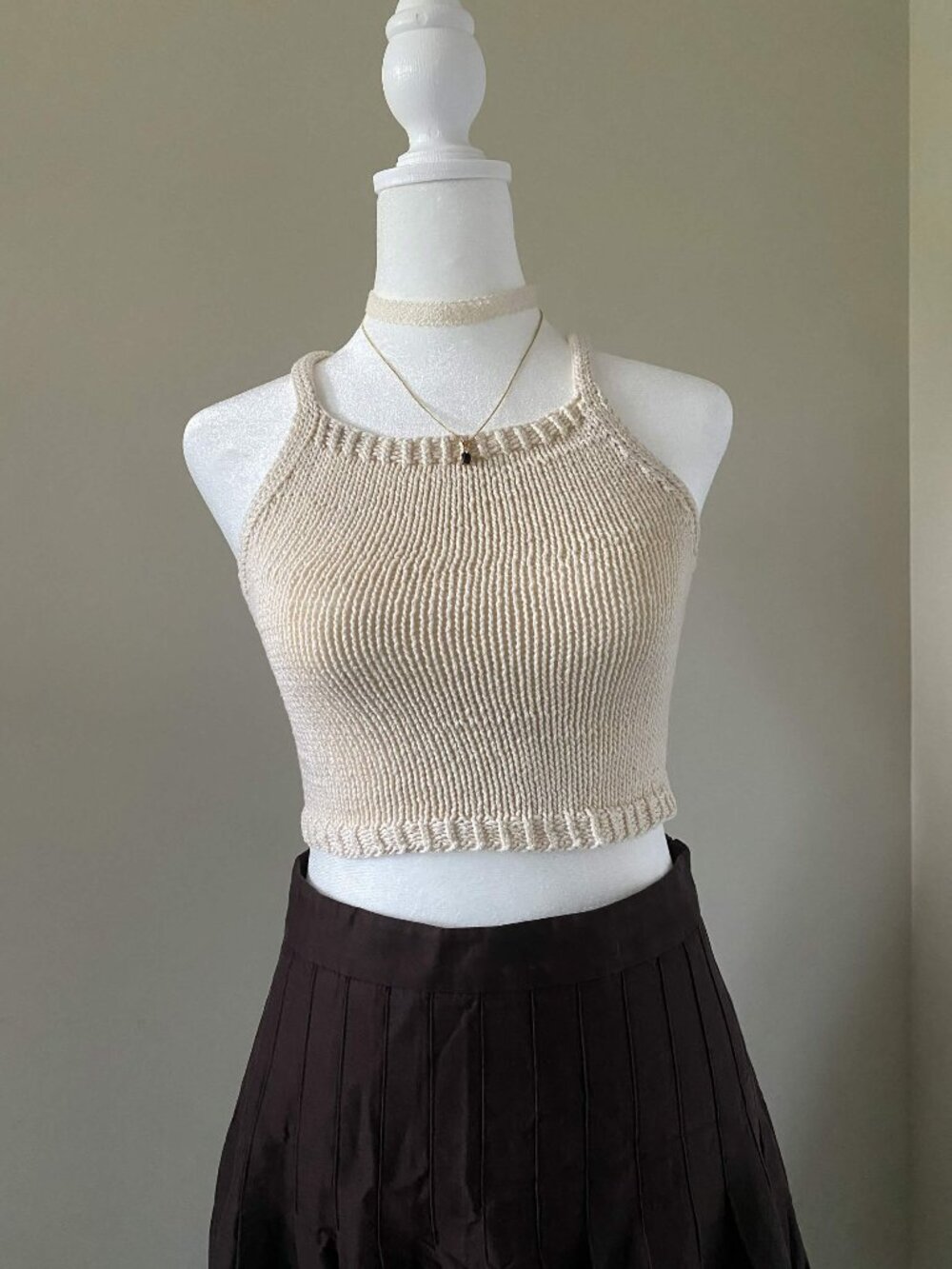Handmade Cream 100% Cotton Cross-Back Strappy Halter-neck Cropped Tank Top